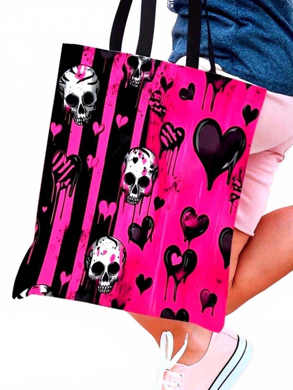 New -Super Cute and a Little Punk -Bright Pink & Black Skull Fashion Tote